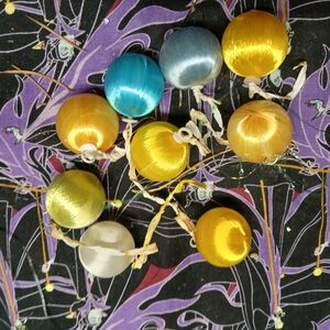 vintage or antique satin thread Christmas ball ornaments. X9 Blue, Yellow,green